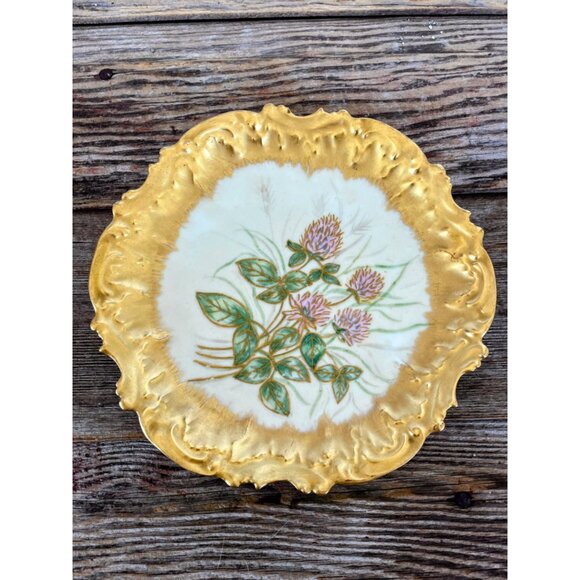Antique Limoges Strauss & Sons Plate Heavy Gold Hand Painted Clover Flowers 8" - Picture 1 of 13